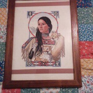 Beautiful Indian woman cross stitched and handmade black walnut frame over 10 ye